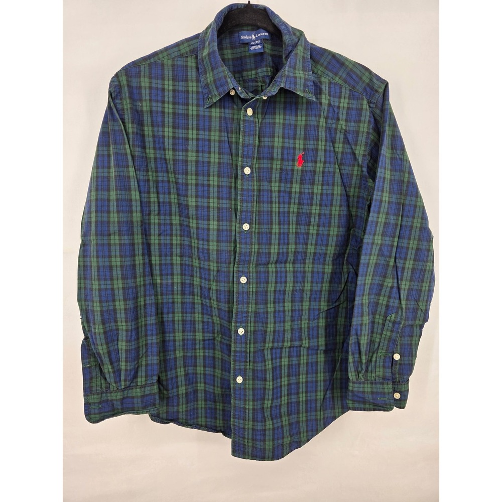 Ralph Lauren Boys XL 20 Blackwatch Plaid Cotton Button Down Shirt Navy Green
